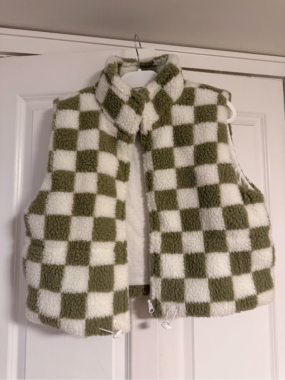 Womens Sherpa Checkered Vest - Olive & White